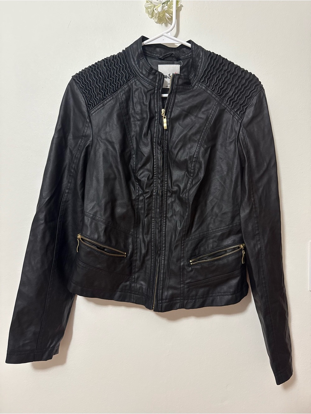 Black Faux Leather Zip-Up Moto Jacket with Quilted Shoulder Panels